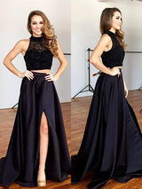 A-Line/Princess Halter Sweep/Brush Train Satin Beading Sleeveless Two Piece Prom Dress with Slit