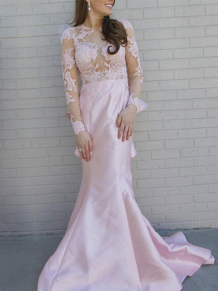 Trumpet/Mermaid Scoop Sweep/Brush Train Satin Long Sleeves Prom Evening Dress with Applique