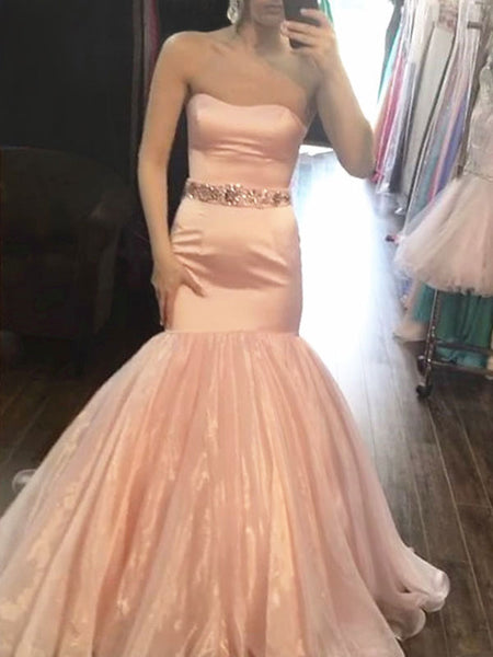 Trumpet/Mermaid Strapless Sweep/Brush Train Satin Sleeveless Prom Evening Dress with Beading