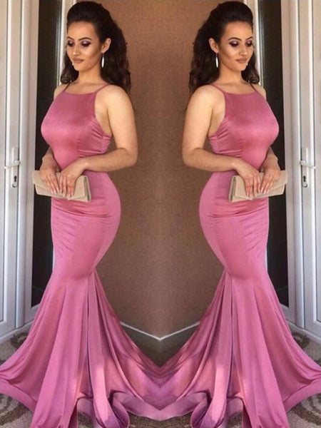 Trumpet/Mermaid Straps Sweep/Brush Train Satin Sleeveless Prom Evening Dress with Rufflles