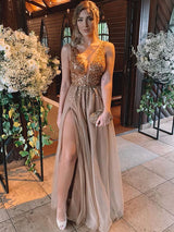 A-Line/Princess V-Neck Floor Length Tulle Rhinestone Sleeveless Prom Evening Dress with Slit