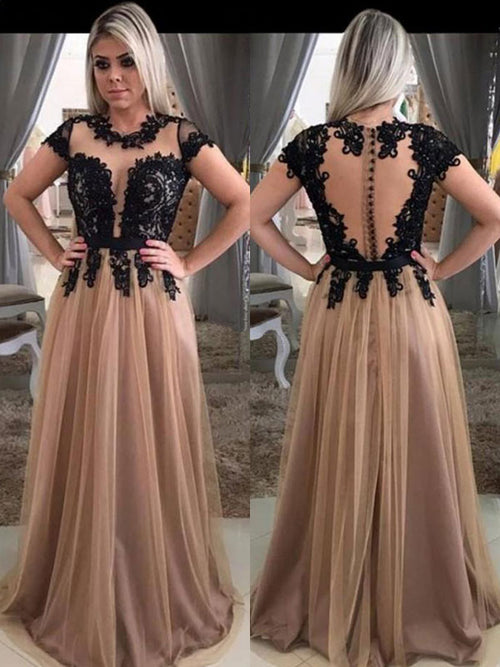 A-Line/Princess Scoop Sweep/Brush Train Tulle Short Sleeves Prom Evening Dress with Applique