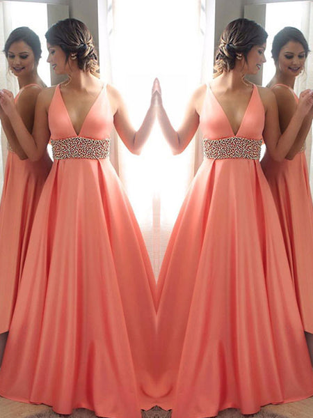A-Line/Princess V-Neck Sweep/Brush Train Satin Sleeveless Prom Evening Dress with Beading