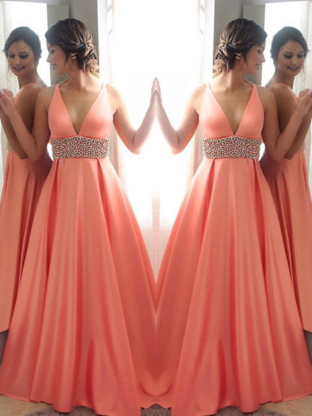 A-Line/Princess V-Neck Sweep/Brush Train Satin Sleeveless Prom Evening Dress with Beading