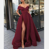 A-Line/Princess Off-the-Shoulder Satin Sleeveless Sweep/Brush Train Prom Evening Dress with Slit