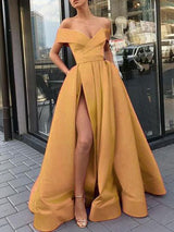 A-Line/Princess Off-the-Shoulder Satin Sleeveless Sweep/Brush Train Prom Evening Dress with Slit