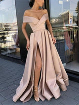 A-Line/Princess Off-the-Shoulder Satin Sleeveless Sweep/Brush Train Prom Evening Dress with Slit