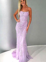 Trumpet/Mermaid Spaghetti Straps Tulle Sleeveless Sweep/Brush Train Prom Dress with Appliques