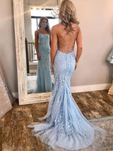 Trumpet/Mermaid Spaghetti Straps Tulle Sleeveless Sweep/Brush Train Prom Dress with Appliques