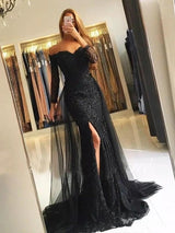Trumpet/Mermaid Off-the-Shoulder Sweep/Brush Train Tulle Long Sleeves Lace Dress with Split