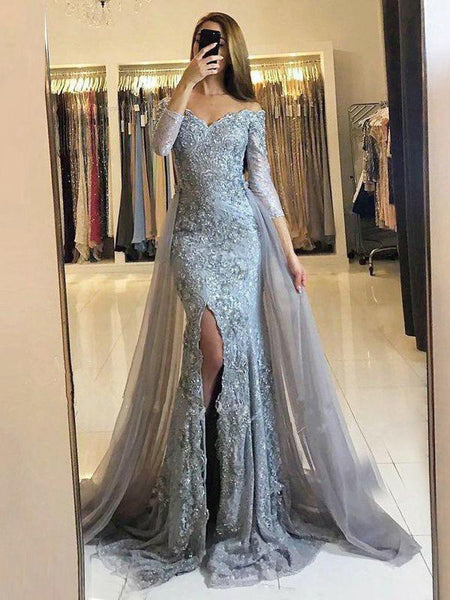 Trumpet/Mermaid Off-the-Shoulder Sweep/Brush Train Tulle Long Sleeves Lace Dress with Split
