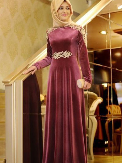 A-Line/Princess Scoop Velvet Long Sleeves Floor Length Islamic Dress with Ruffles