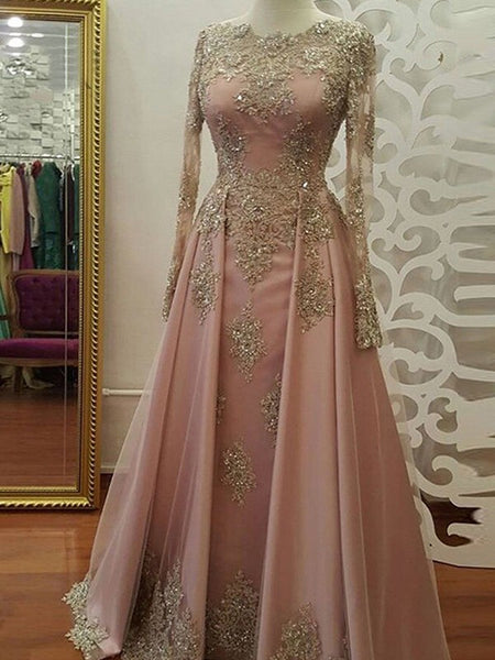 A-Line/Princess Scoop Tulle Long Sleeves Floor Length Islamic Dress with Appliques
