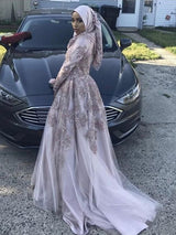 A-Line/Princess Scoop Tulle Long Sleeves Sweep/Brush Train Islamic Dress with Appliques