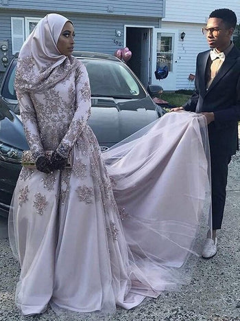 A-Line/Princess Scoop Tulle Long Sleeves Sweep/Brush Train Islamic Dress with Appliques