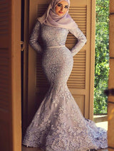 Trumpet/Mermaid Scoop Lace Long Sleeves Sweep/Brush Train Islamic Dress with Ruffles