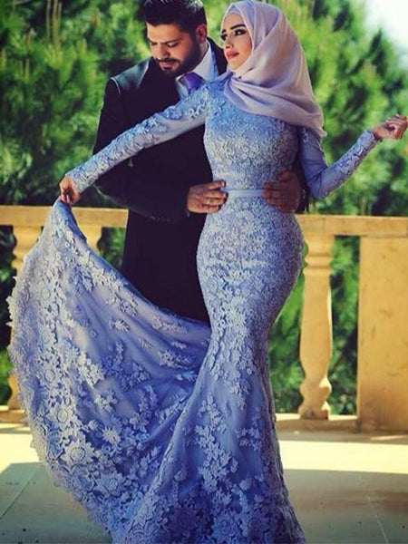 Trumpet/Mermaid Scoop Lace Long Sleeves Sweep/Brush Train Islamic Dress with Ruffles