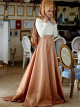 A-Line/Princess Scoop Satin Long Sleeves Sweep/Brush Train Islamic Dress with Lace