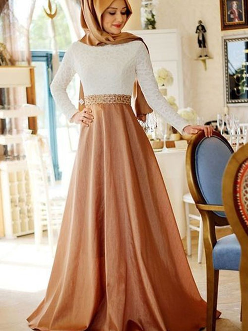 A-Line/Princess Scoop Satin Long Sleeves Sweep/Brush Train Islamic Dress with Lace