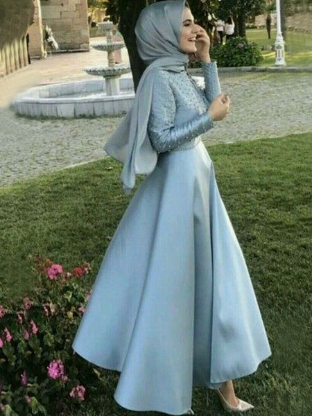 A-Line/Princess Scoop Satin Long Sleeves Floor Length Islamic Dress with Beading