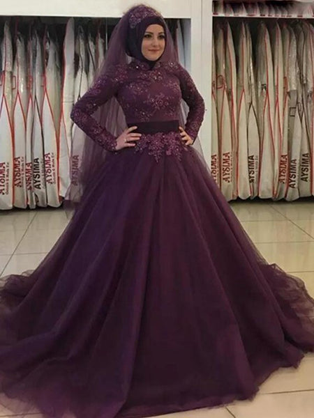 Ball Gown High Neck Tulle Long Sleeves Sweep/Brush Train Islamic Dress with Appliques