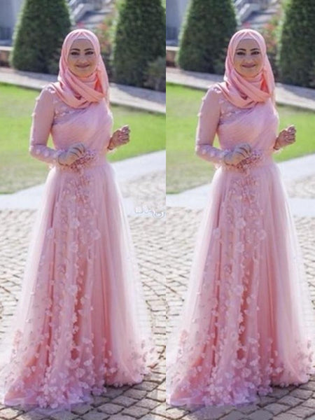 A-Line/Princess Scoop Tulle Long Sleeves Sweep/Brush Train Islamic Dress with Appliques