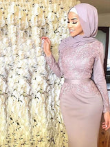 Trumpet/Mermaid Scoop Satin Long Sleeves Sweep/Brush Train Islamic Dress with Appliques