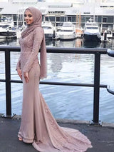 Trumpet/Mermaid Scoop Satin Long Sleeves Sweep/Brush Train Islamic Dress with Appliques