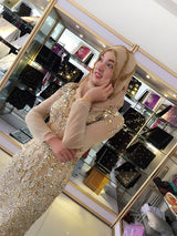 Sheath/Column Scoop Tulle Long Sleeves Floor Length Islamic Dress with Sequin