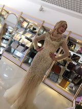 Sheath/Column Scoop Tulle Long Sleeves Floor Length Islamic Dress with Sequin