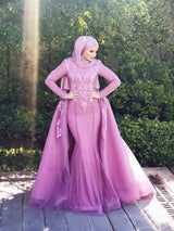 Trumpet/Mermaid Scoop Tulle Long Sleeves Sweep/Brush Train Islamic Dress with Appliques