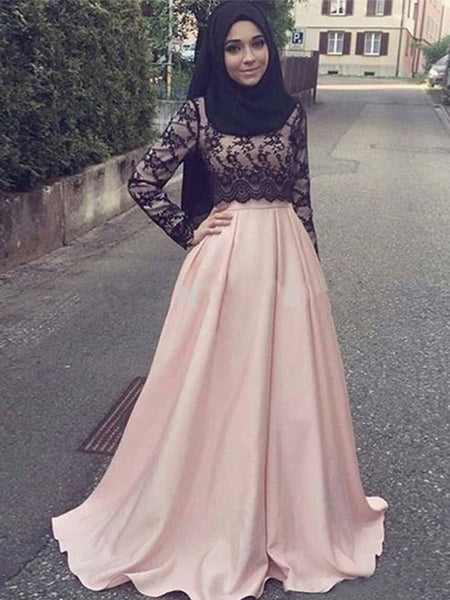 A-Line/Princess Scoop Satin Long Sleeves Sweep/Brush Train Islamic Dress with Appliques