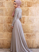 A-Line/Princess Scoop Tulle Long Sleeves Sweep/Brush Train Islamic Dress with Crystal