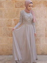 A-Line/Princess Scoop Tulle Long Sleeves Sweep/Brush Train Islamic Dress with Crystal