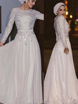A-Line/Princess Scoop Chiffon Long Sleeves Floor Length Islamic Dress with Crystal