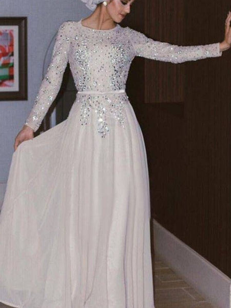 A-Line/Princess Scoop Chiffon Long Sleeves Floor Length Islamic Dress with Crystal