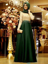 A-Line/Princess Scoop Satin Long Sleeves Floor Length Islamic Dress with Beading Appliques