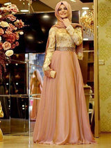 A-Line/Princess Scoop Satin Long Sleeves Floor Length Islamic Dress with Beading Appliques