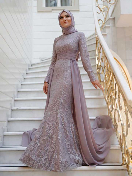 Sheath/Column Scoop Tulle Long Sleeves Sweep/Brush Train Islamic Dress with Appliques
