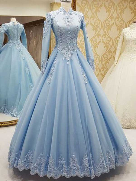 Ball Gown High Neck Tulle Long Sleeves Floor Length Islamic Dress with Lace
