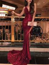 Trumpet/Mermaid V-Neck Sequins Sleeveless Sweep/Brush Train Prom Evening Dress with Ruffles