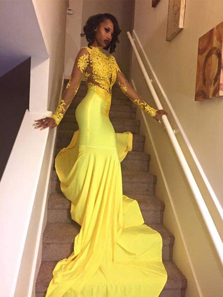 Trumpet/Mermaid High Neck Court Train Satin Long Sleeves Prom Evening Dress with Appliques