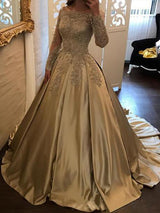 Ball Gown Off-the-Shoulder Sweep/Brush Train Satin Long Sleeves Prom Dress with Appliques