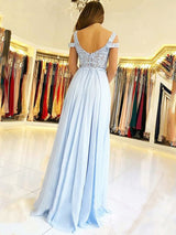 A-Line/Princess V-Neck Floor Length Chiffon Sleeveless Appliques Prom Formal Dress with Split
