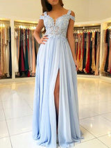 A-Line/Princess V-Neck Floor Length Chiffon Sleeveless Appliques Prom Formal Dress with Split