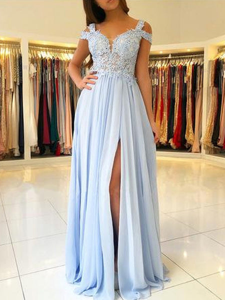 A-Line/Princess V-Neck Floor Length Chiffon Sleeveless Appliques Prom Formal Dress with Split