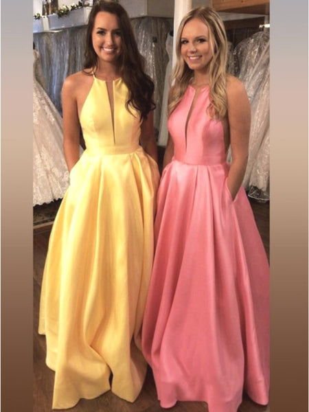 A-Line/Princess Halter Satin Sleeveless Sweep/Brush Train Prom Evening Dress with Ruffles