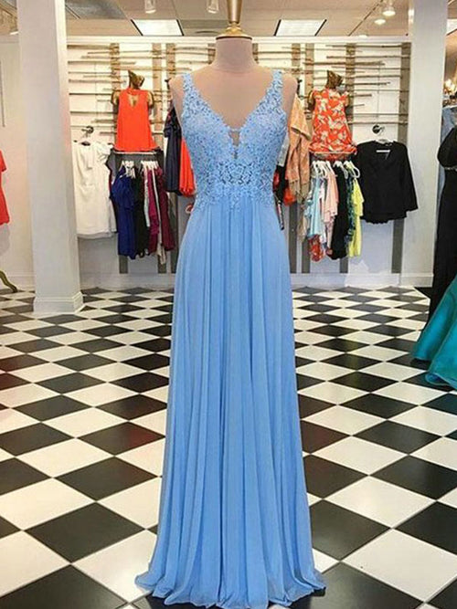 A-Line/Princess Spaghetti Straps Chiffon Sleeveless Floor Length Prom Evening Dress with Applique