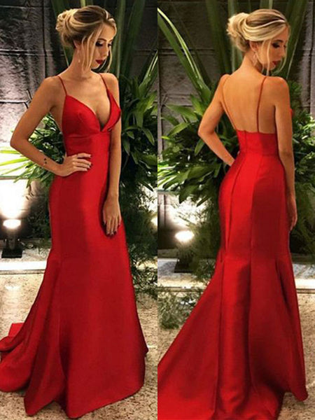 Trumpet/Mermaid Spaghetti Straps Satin Sleeveless Sweep/Brush Train Prom Dress with Ruffles