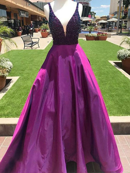 A-Line/Princess V-Neck Satin Sleeveless Floor Length Prom Evening Dress with Beading